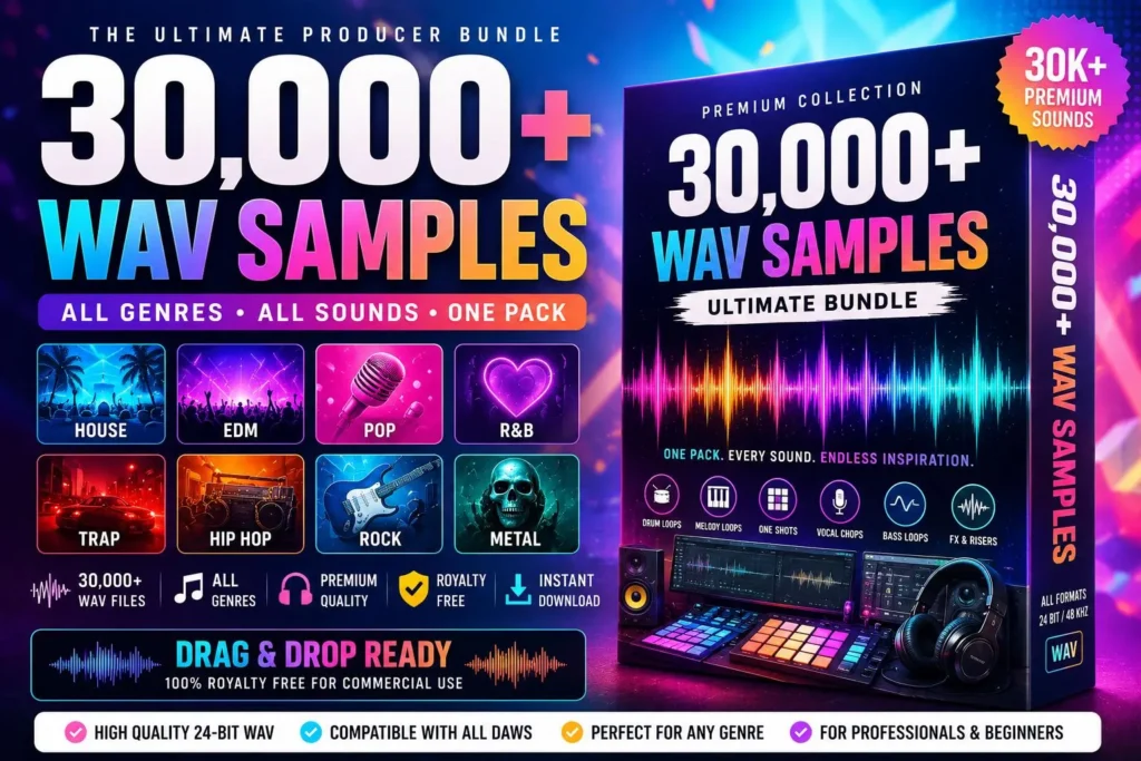 30,000 WAV Samples Pack, Ultimate Producer Bundle, EDM, House, Trap, Hip Hop, Pop, RnB, Rock, Metal, Loops, One Shots, Drum Kit